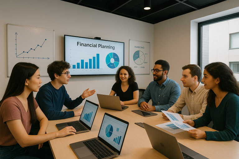 Empreendedores em uma sala de reunião discutindo contabilidade e planejamento financeiro de uma startup, com gráficos na tela.